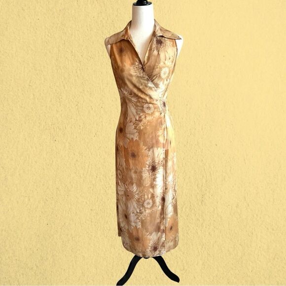90s vintage collared wrap maxi sheer chiffon sunflower print dress - Picture 2 of 11
